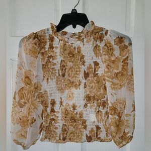 Express Mustard Yellow Floral Balloon Sleeve Sheer Top, Size XS